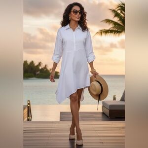 Cupio Bright White Roll-Sleeve Asymmetrical Tunic Dress - Medium NWT